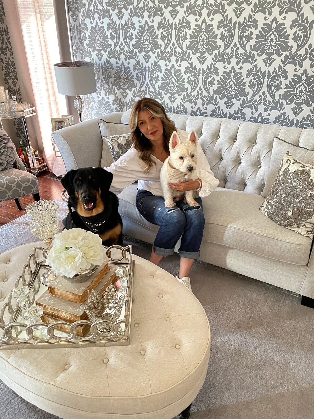 Joanna, founder of PetGlamr, with her dogs