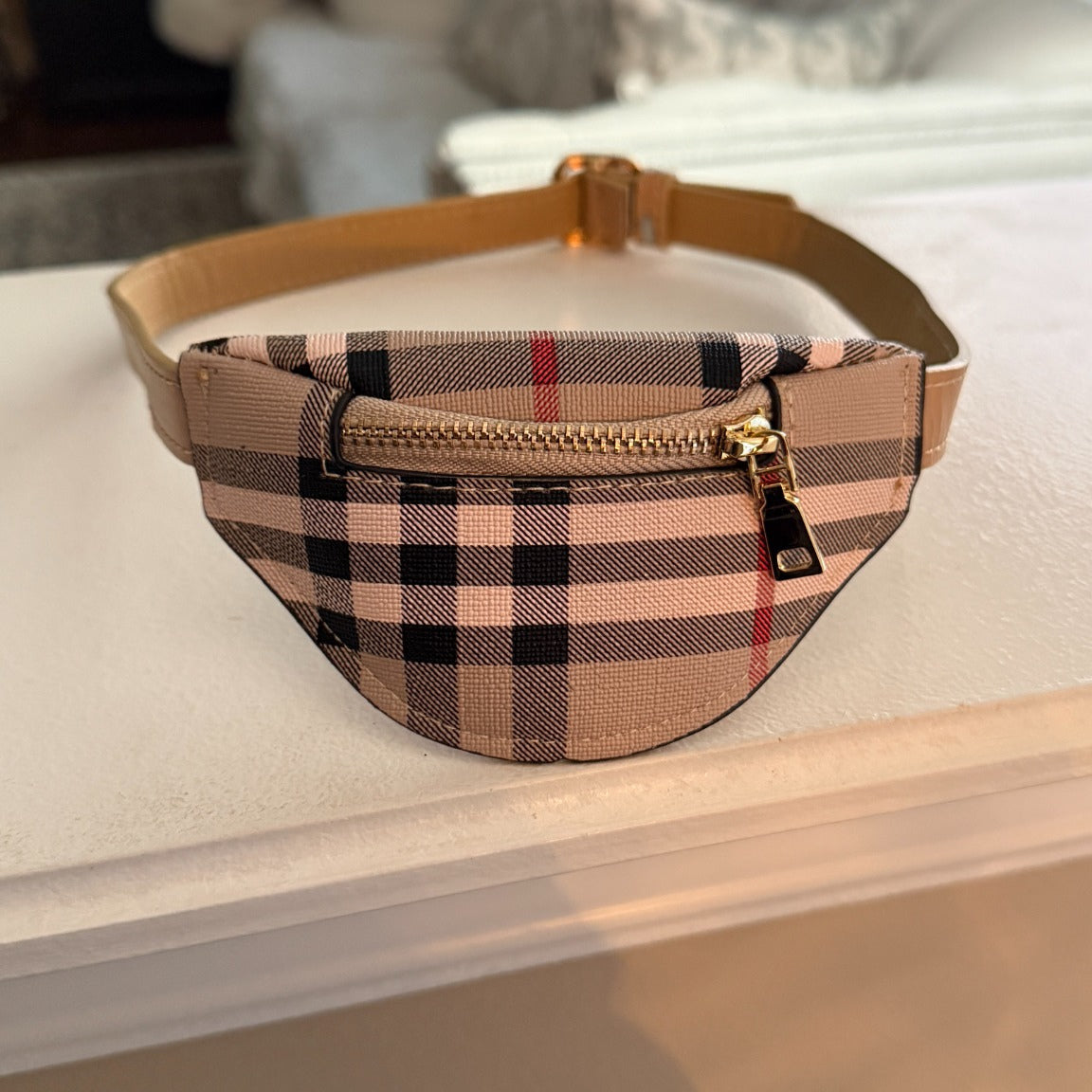 Printed Dog Fanny Pack in Camel Plaid, view 3